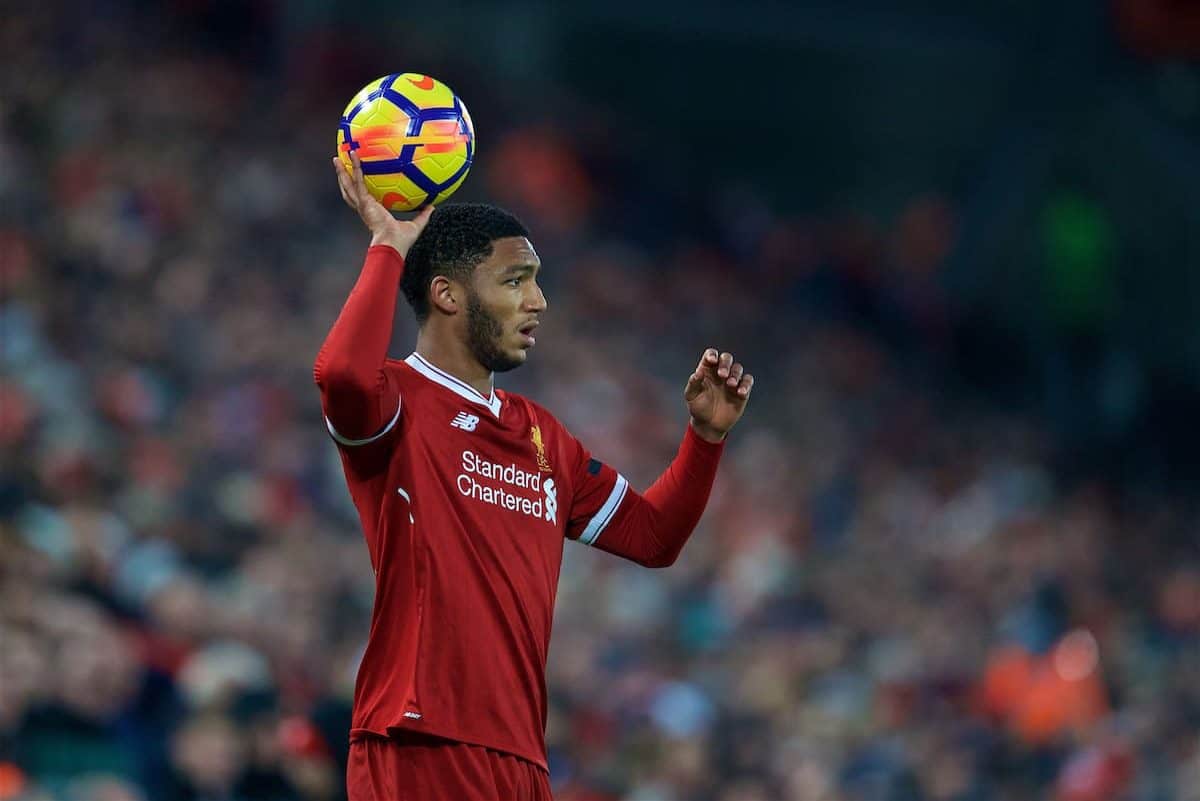 LIVERPOOL, ENGLAND - Sunday, January 14, 2018: Liverpool's Joe Gomez prepares to take a throw-in during the FA Premier League match between Liverpool and Manchester City at Anfield. (Pic by David Rawcliffe/Propaganda)