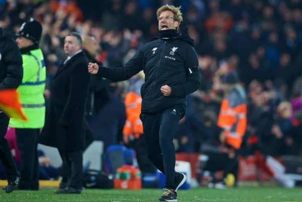 LIVERPOOL, ENGLAND - Sunday, January 14, 2018: Liverpool's manager Jürgen Klopp celebrates his side's third goal during the FA Premier League match between Liverpool and Manchester City at Anfield. (Pic by David Rawcliffe/Propaganda)