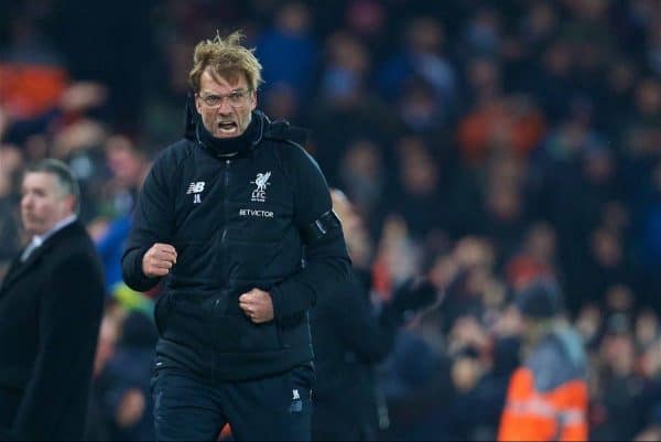 LIVERPOOL, ENGLAND - Sunday, January 14, 2018: Liverpool's manager Jürgen Klopp celebrates his side's third goal during the FA Premier League match between Liverpool and Manchester City at Anfield. (Pic by David Rawcliffe/Propaganda)