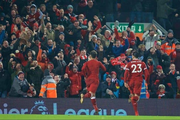 LIVERPOOL, ENGLAND - Sunday, January 14, 2018: Liverpool's Roberto Firmino celebrates scoring the second goal during the FA Premier League match between Liverpool and Manchester City at Anfield. (Pic by David Rawcliffe/Propaganda)