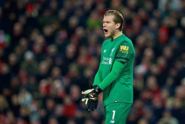 LIVERPOOL, ENGLAND - Sunday, January 14, 2018: Liverpool's goalkeeper Loris Karius during the FA Premier League match between Liverpool and Manchester City at Anfield. (Pic by David Rawcliffe/Propaganda)