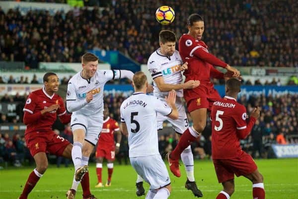 SWANSEA, WALES - Monday, January 22, 2018: Liverpool's Virgil van Dijk sees his header go wide during the FA Premier League match between Swansea City FC and Liverpool FC at the Liberty Stadium. (Pic by David Rawcliffe/Propaganda)c