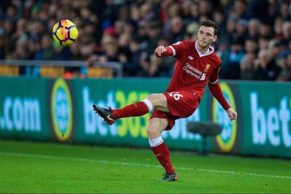 SWANSEA, WALES - Monday, January 22, 2018: Liverpool's Andy Robertson during the FA Premier League match between Swansea City FC and Liverpool FC at the Liberty Stadium. (Pic by David Rawcliffe/Propaganda)