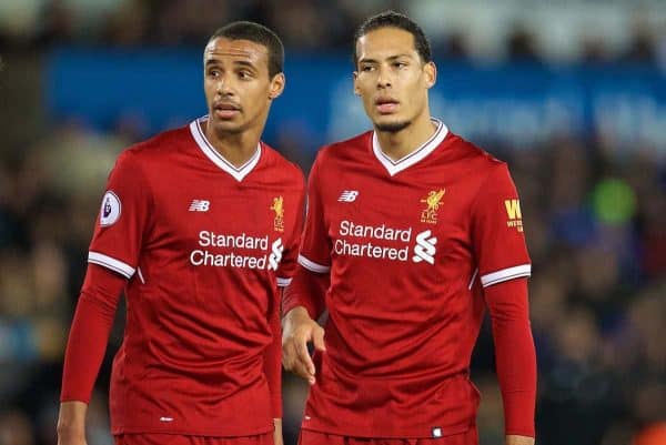 SWANSEA, WALES - Monday, January 22, 2018: Liverpool's Joel Matip and Virgil van Dijk during the FA Premier League match between Swansea City FC and Liverpool FC at the Liberty Stadium. (Pic by David Rawcliffe/Propaganda)