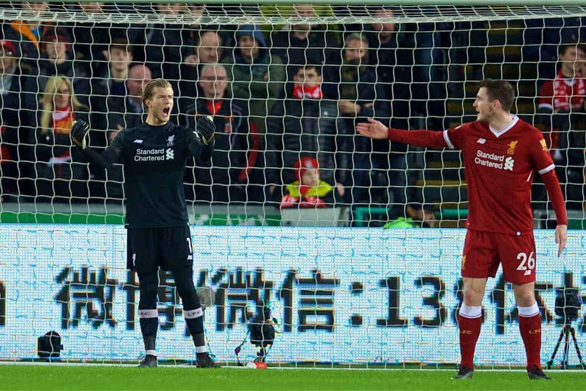 SWANSEA, WALES - Monday, January 22, 2018: Liverpool's goalkeeper Loris Karius during the FA Premier League match between Swansea City FC and Liverpool FC at the Liberty Stadium. (Pic by David Rawcliffe/Propaganda)