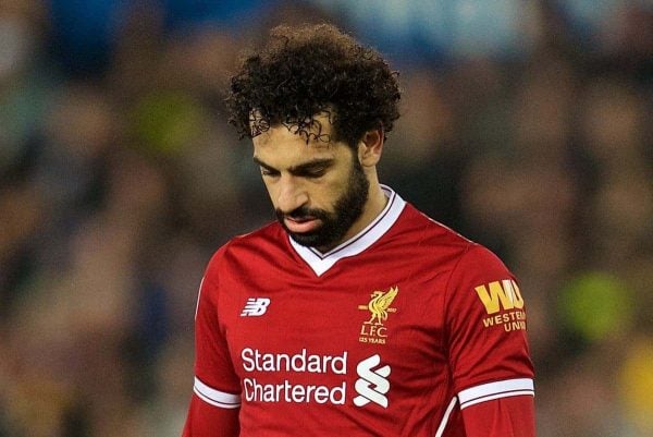 SWANSEA, WALES - Monday, January 22, 2018: Liverpool's Mohamed Salah looks dejected after missing a chance during the FA Premier League match between Swansea City FC and Liverpool FC at the Liberty Stadium. (Pic by David Rawcliffe/Propaganda)