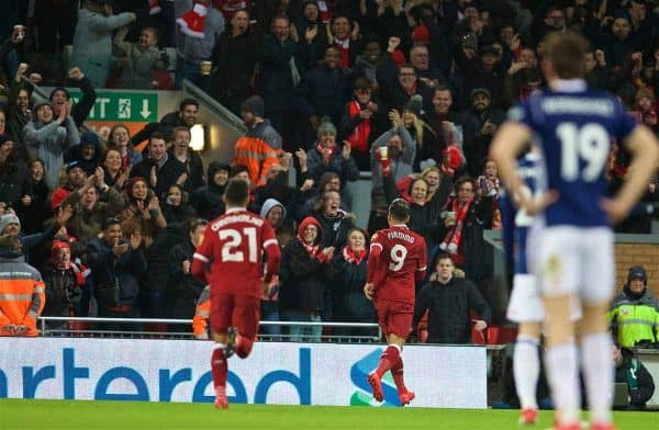 LIVERPOOL, ENGLAND - Sunday, January 14, 2018: Liverpool's Roberto Firmino celebrates scoring the first goal during the FA Premier League match between Liverpool and Manchester City at Anfield. (Pic by David Rawcliffe/Propaganda)