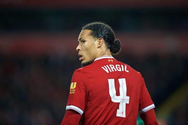 LIVERPOOL, ENGLAND - Sunday, January 14, 2018: Liverpool's Virgil van Dijk during the FA Premier League match between Liverpool and Manchester City at Anfield. (Pic by David Rawcliffe/Propaganda)