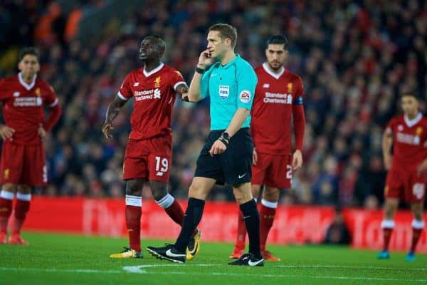 LIVERPOOL, ENGLAND - Sunday, January 14, 2018: Referee Craig Pawson disallows West Bromwich Albion's third goal after a video replay during the FA Premier League match between Liverpool and Manchester City at Anfield. (Pic by David Rawcliffe/Propaganda)