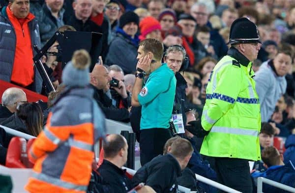 LIVERPOOL, ENGLAND - Sunday, January 14, 2018: Referee Craig Pawson awards Liverpool a penalty after reviewing a video replay during the FA Premier League match between Liverpool and Manchester City at Anfield. (Pic by David Rawcliffe/Propaganda)