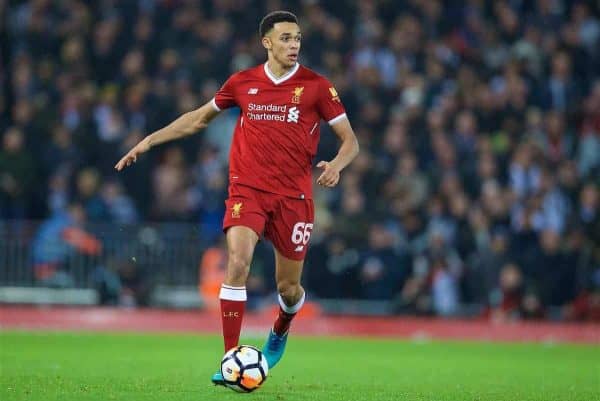 LIVERPOOL, ENGLAND - Sunday, January 14, 2018: Liverpool's Trent Alexander-Arnold during the FA Premier League match between Liverpool and Manchester City at Anfield. (Pic by David Rawcliffe/Propaganda)