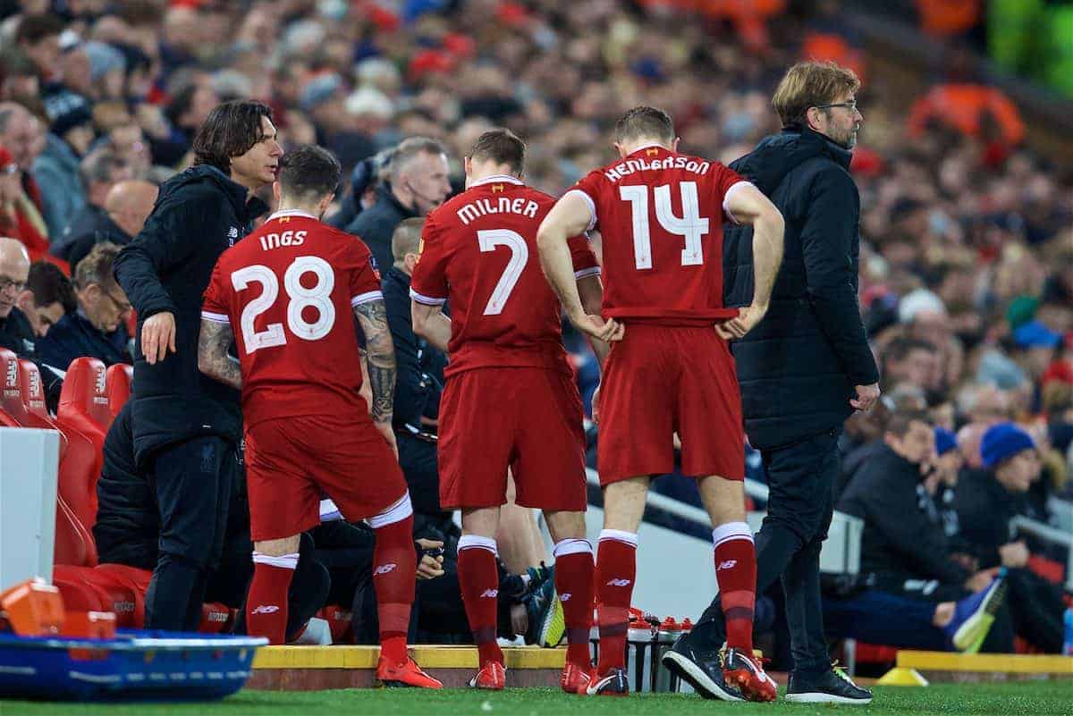 LIVERPOOL, ENGLAND - Sunday, January 14, 2018: Liverpool's manager Jürgen Klopp makes a triple substitution as he brings on Danny Ings, James Milner and captain Jordan Henderson during the FA Premier League match between Liverpool and West Brom at Anfield. (Pic by David Rawcliffe/Propaganda)