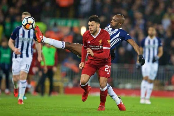 LIVERPOOL, ENGLAND - Sunday, January 14, 2018: Liverpool's Alex Oxlade-Chamberlain and West Bromwich Albion's Alla Nyom during the FA Premier League match between Liverpool and Manchester City at Anfield. (Pic by David Rawcliffe/Propaganda)