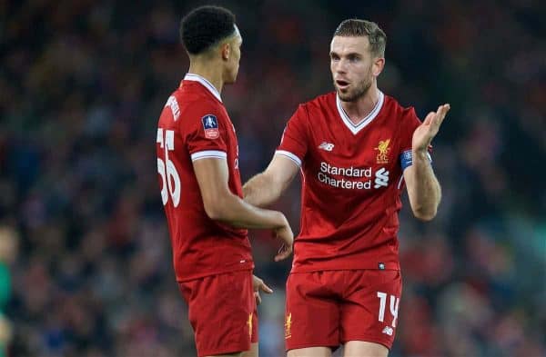 LIVERPOOL, ENGLAND - Sunday, January 14, 2018: Liverpool's captain Jordan Henderson and Trent Alexander-Arnold during the FA Premier League match between Liverpool and Manchester City at Anfield. (Pic by David Rawcliffe/Propaganda)