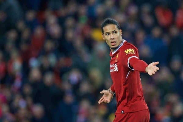 LIVERPOOL, ENGLAND - Sunday, January 14, 2018: Liverpool's Virgil van Dijk looks dejected after missing a chance during the FA Premier League match between Liverpool and Manchester City at Anfield. (Pic by David Rawcliffe/Propaganda)