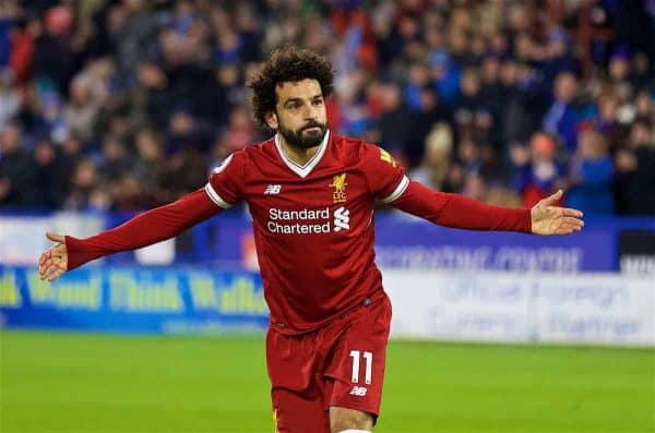 HUDDERSFIELD, ENGLAND - Tuesday, January 30, 2018: Liverpool's Mohamed Salah celebrates scoring the third goal during the FA Premier League match between Huddersfield Town FC and Liverpool FC at the John Smith's Stadium. (Pic by David Rawcliffe/Propaganda)