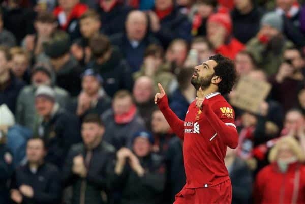 LIVERPOOL, ENGLAND - Sunday, February 4, 2018: Liverpool's Mohamed Salah celebrates scoring the first goal during the FA Premier League match between Liverpool FC and Tottenham Hotspur FC at Anfield. (Pic by David Rawcliffe/Propaganda)
