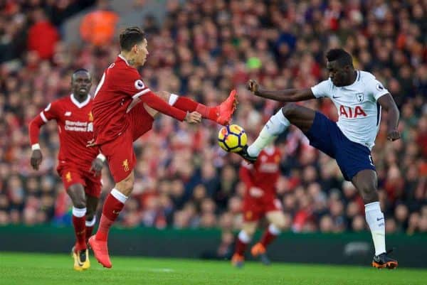 LIVERPOOL, ENGLAND - Sunday, February 4, 2018: Liverpool's Roberto Firmino and Tottenham Hotspur's Davinson Sanchez during the FA Premier League match between Liverpool FC and Tottenham Hotspur FC at Anfield. (Pic by David Rawcliffe/Propaganda)