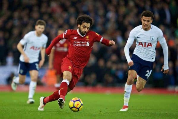 LIVERPOOL, ENGLAND - Sunday, February 4, 2018: Liverpool's Mohamed Salah during the FA Premier League match between Liverpool FC and Tottenham Hotspur FC at Anfield. (Pic by David Rawcliffe/Propaganda)