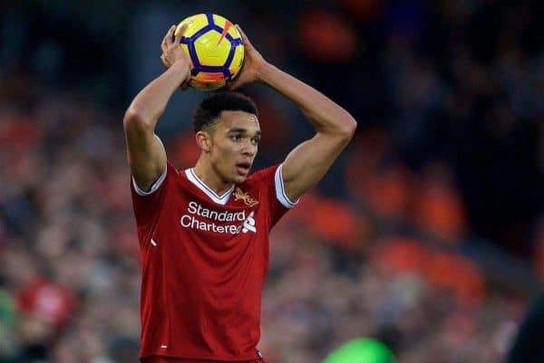 LIVERPOOL, ENGLAND - Sunday, February 4, 2018: Liverpool's Trent Alexander-Arnold during the FA Premier League match between Liverpool FC and Tottenham Hotspur FC at Anfield. (Pic by David Rawcliffe/Propaganda)