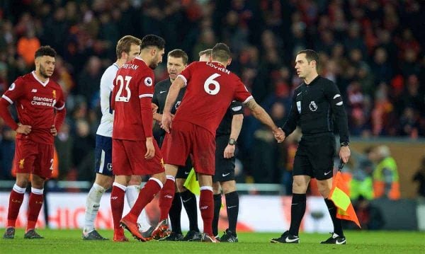 LIVERPOOL, ENGLAND - Sunday, February 4, 2018: Liverpool's Dejan Lovren shakes hands with assistant referee Eddie Smart walks off to a chorus of boos from the supporters after he went against referee Jonathan Moss to impose two penalties for Tottenham Hotspur during the FA Premier League match between Liverpool FC and Tottenham Hotspur FC at Anfield. (Pic by David Rawcliffe/Propaganda)