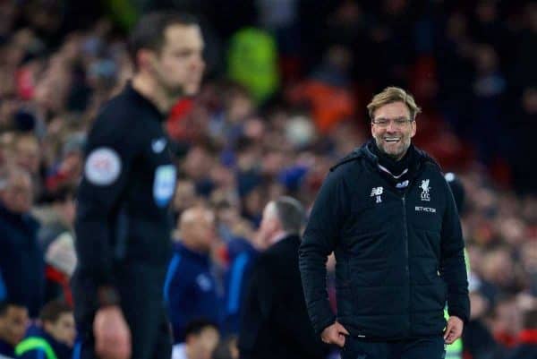 LIVERPOOL, ENGLAND - Sunday, February 4, 2018: Liverpool's manager Jürgen Klopp laughs in shock at assistant referee Eddie Smart after he went against referee Jonathan Moss to impose two penalties for Tottenham Hotspur during the FA Premier League match between Liverpool FC and Tottenham Hotspur FC at Anfield. (Pic by David Rawcliffe/Propaganda)