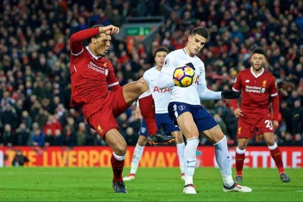 LIVERPOOL, ENGLAND - Sunday, February 4, 2018: Tottenham Hotspur's Erik Lamela dives under pressure from Liverpool's Virgil van Dijk as he wins a second penalty for Tottenham Hotspur in injury time during the FA Premier League match between Liverpool FC and Tottenham Hotspur FC at Anfield. (Pic by David Rawcliffe/Propaganda)