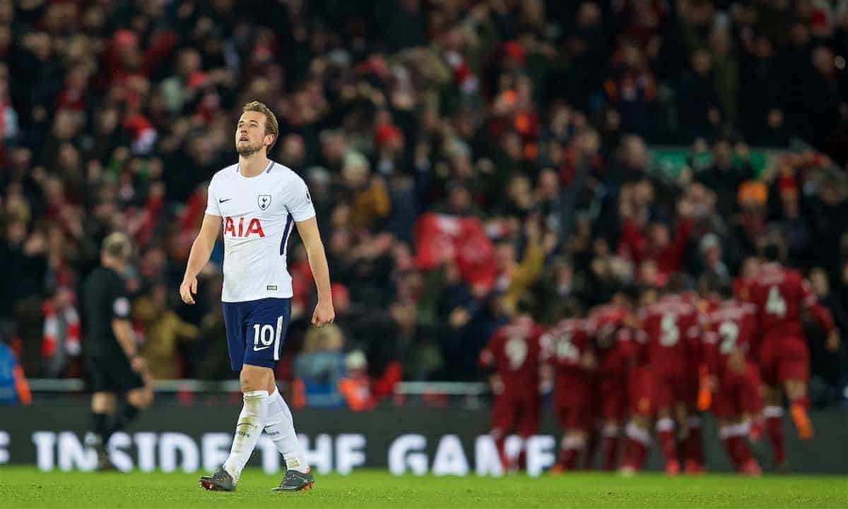 LIVERPOOL, ENGLAND - Sunday, February 4, 2018: Tottenham Hotspur's Harry Kane looks dejected as Liverpool score a late second goal during the FA Premier League match between Liverpool FC and Tottenham Hotspur FC at Anfield. (Pic by David Rawcliffe/Propaganda)