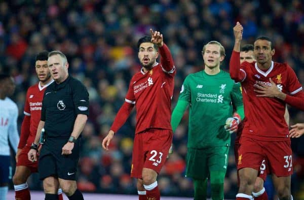 LIVERPOOL, ENGLAND - Sunday, February 4, 2018: Liverpool's Emre Can, goalkeeper Loris Karius and Joel Matip complain as referee Jonathan Moss awards a penalty with the helop of the assistant referee during the FA Premier League match between Liverpool FC and Tottenham Hotspur FC at Anfield. (Pic by David Rawcliffe/Propaganda)