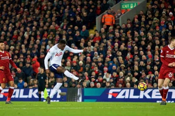 LIVERPOOL, ENGLAND - Sunday, February 4, 2018: Tottenham Hotspur's Victor Wanyama scores the first equalising goal during the FA Premier League match between Liverpool FC and Tottenham Hotspur FC at Anfield. (Pic by David Rawcliffe/Propaganda)