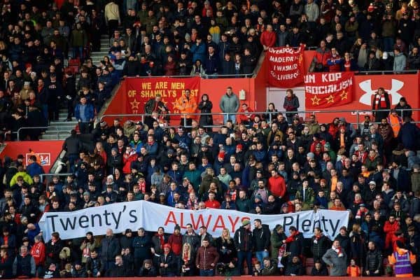 SOUTHAMPTON, ENGLAND - Sunday, February 11, 2018: Liverpool supporters' banner "Twenty's Always Plenty" as they protest against high ticket prices during the FA Premier League match between Southampton FC and Liverpool FC at St. Mary's Stadium. (Pic by David Rawcliffe/Propaganda)