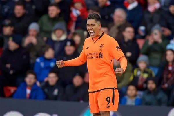 SOUTHAMPTON, ENGLAND - Sunday, February 11, 2018: Liverpool's Roberto Firmino celebrates scoring the first goal during the FA Premier League match between Southampton FC and Liverpool FC at St. Mary's Stadium. (Pic by David Rawcliffe/Propaganda)