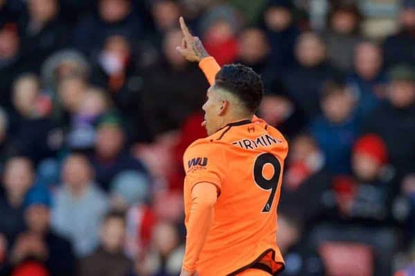 SOUTHAMPTON, ENGLAND - Sunday, February 11, 2018: Liverpool's Roberto Firmino celebrates scoring the first goal during the FA Premier League match between Southampton FC and Liverpool FC at St. Mary's Stadium. (Pic by David Rawcliffe/Propaganda)