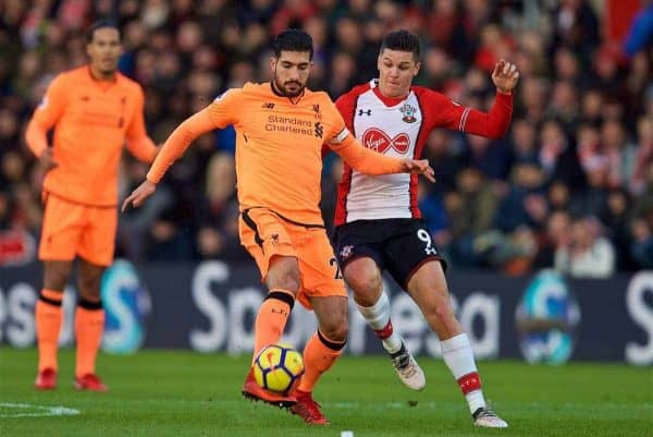 SOUTHAMPTON, ENGLAND - Sunday, February 11, 2018: Liverpool's Emre Can and Southampton's Guido Carrillo during the FA Premier League match between Southampton FC and Liverpool FC at St. Mary's Stadium. (Pic by David Rawcliffe/Propaganda)