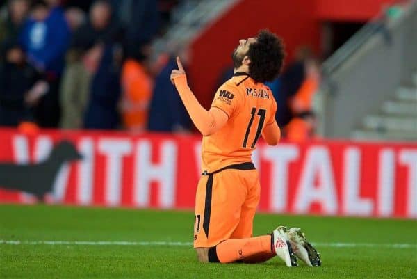 SOUTHAMPTON, ENGLAND - Sunday, February 11, 2018: Liverpool's Mohamed Salah celebrates scoring the second goal during the FA Premier League match between Southampton FC and Liverpool FC at St. Mary's Stadium. (Pic by David Rawcliffe/Propaganda)