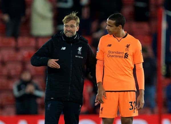 SOUTHAMPTON, ENGLAND - Sunday, February 11, 2018: Liverpool's manager Jürgen Klopp and Joel Matip after the FA Premier League match between Southampton FC and Liverpool FC at St. Mary's Stadium. (Pic by David Rawcliffe/Propaganda)