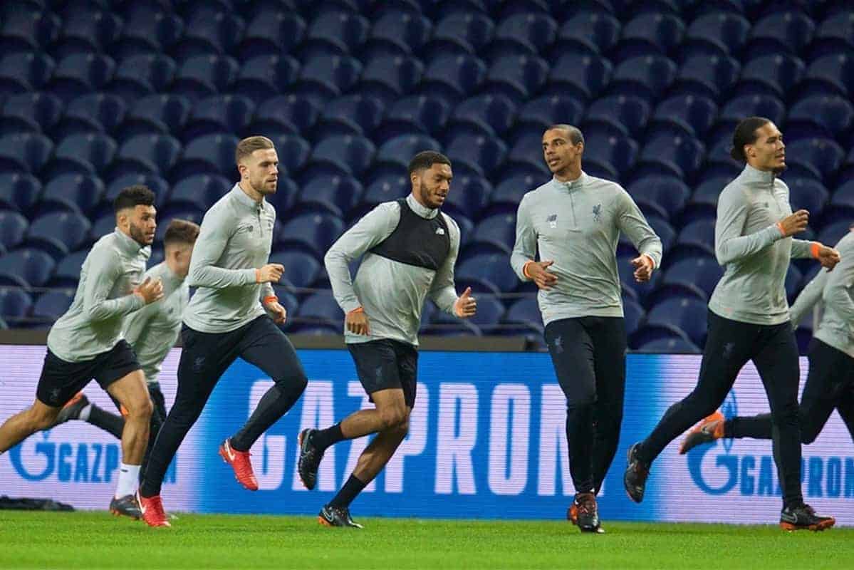 PORTO, PORTUGAL - Tuesday, February 13, 2018: Liverpool's Dominic Solanke, Alex Oxlade-Chamberlain, captain Jordan Henderson, Joe Gomez, Joel Matip, Virgil van Dijk during a training session at the Est·dio do Drag„o ahead of the UEFA Champions League Round of 16 1st leg match between FC Porto and Liverpool FC. (Pic by David Rawcliffe/Propaganda)