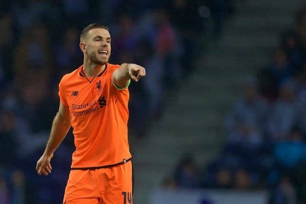 PORTO, PORTUGAL - Wednesday, February 14, 2018: Liverpool's captain Jordan Henderson during the UEFA Champions League Round of 16 1st leg match between FC Porto and Liverpool FC on Valentine's Day at the Estádio do Dragão. (Pic by David Rawcliffe/Propaganda)