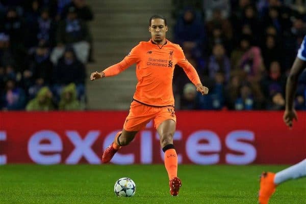 PORTO, PORTUGAL - Wednesday, February 14, 2018: Liverpool's Virgil van Dijk during the UEFA Champions League Round of 16 1st leg match between FC Porto and Liverpool FC on Valentine's Day at the Estádio do Dragão. (Pic by David Rawcliffe/Propaganda)