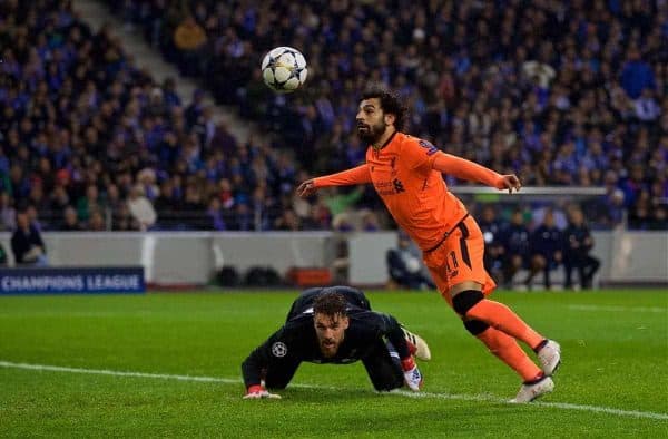 PORTO, PORTUGAL - Wednesday, February 14, 2018: Liverpool's Mohamed Salah scores the first goal during the UEFA Champions League Round of 16 1st leg match between FC Porto and Liverpool FC on Valentine's Day at the Est·dio do Drag„o. (Pic by David Rawcliffe/Propaganda)