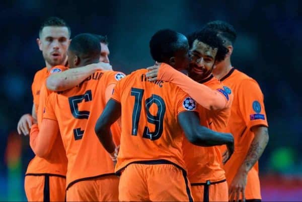 PORTO, PORTUGAL - Wednesday, February 14, 2018: Liverpool's Mohamed Salah celebrates scoring the second goal with team-mates during the UEFA Champions League Round of 16 1st leg match between FC Porto and Liverpool FC on Valentine's Day at the Est·dio do Drag„o. (Pic by David Rawcliffe/Propaganda)