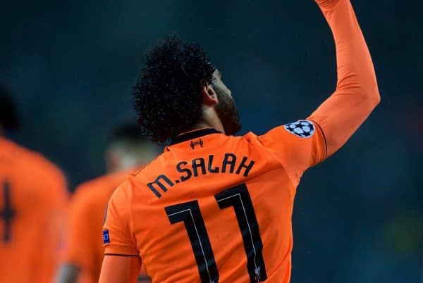 PORTO, PORTUGAL - Wednesday, February 14, 2018: Liverpool's Mohamed Salah celebrates scoring the second goal during the UEFA Champions League Round of 16 1st leg match between FC Porto and Liverpool FC on Valentine's Day at the Est·dio do Drag„o. (Pic by David Rawcliffe/Propaganda)