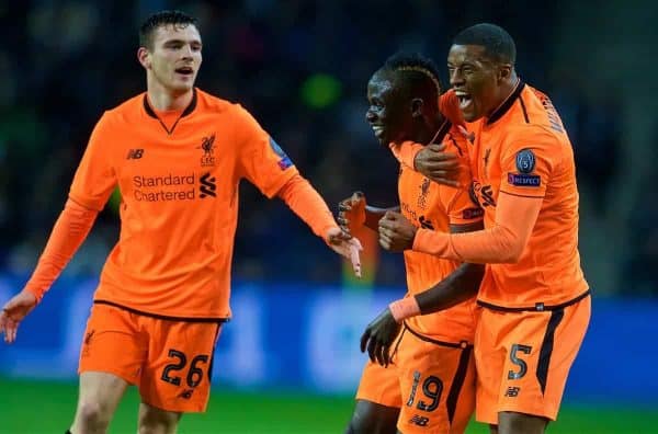 PORTO, PORTUGAL - Wednesday, February 14, 2018: Liverpool's Sadio Mane celebrates scoring the first goal with team-mates Andy Robertson and Georginio Wijnaldum during the UEFA Champions League Round of 16 1st leg match between FC Porto and Liverpool FC on Valentine's Day at the Est·dio do Drag?o. (Pic by David Rawcliffe/Propaganda)