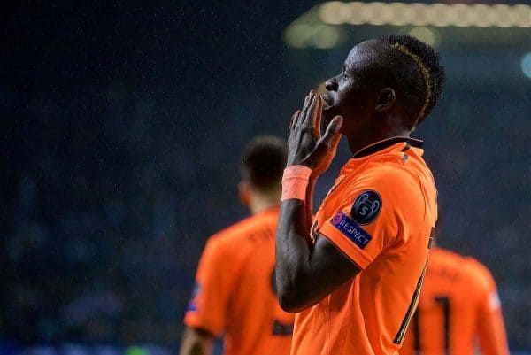 PORTO, PORTUGAL - Wednesday, February 14, 2018: Liverpool's Sadio Mane celebrates scoring the third goal during the UEFA Champions League Round of 16 1st leg match between FC Porto and Liverpool FC on Valentine's Day at the Estádio do Dragão. (Pic by David Rawcliffe/Propaganda)