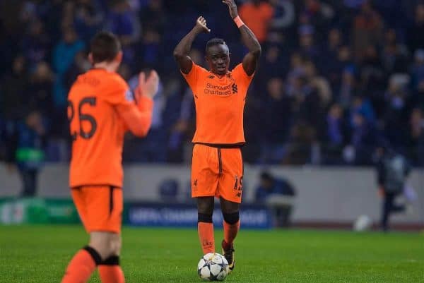 PORTO, PORTUGAL - Wednesday, February 14, 2018: Liverpool's hat-trick hero Sadio Mane celebrates after the 5-0 victory over FC Porto during the UEFA Champions League Round of 16 1st leg match between FC Porto and Liverpool FC on Valentine's Day at the Estádio do Dragão. (Pic by David Rawcliffe/Propaganda)