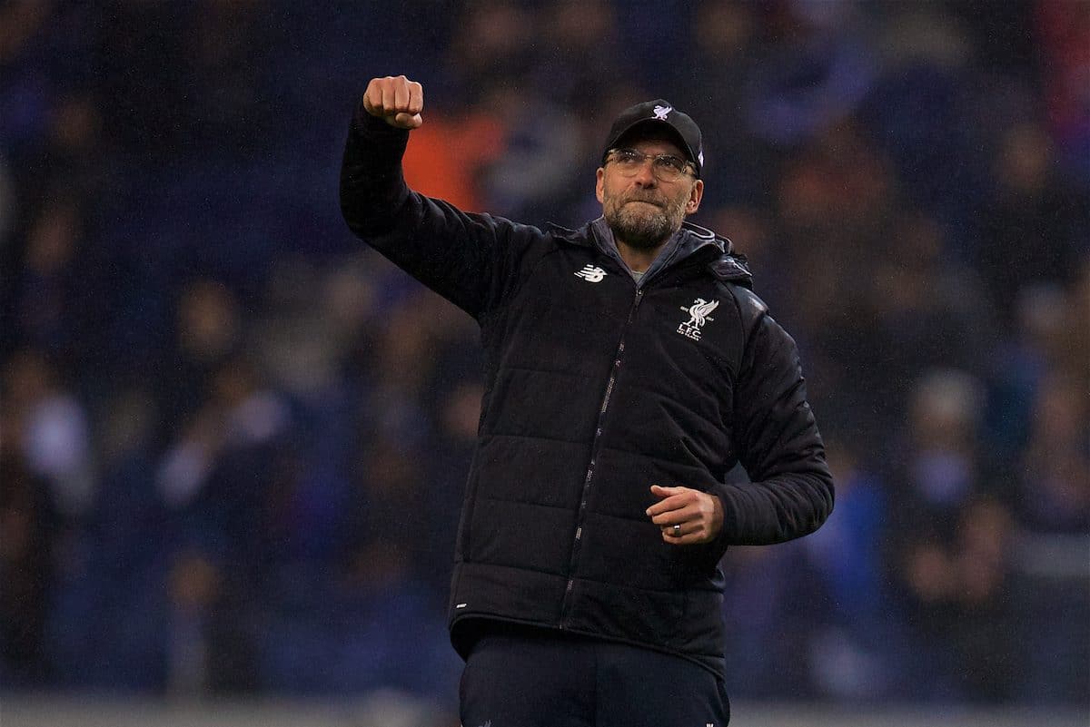 PORTO, PORTUGAL - Wednesday, February 14, 2018: Liverpool's manager Jürgen Klopp celebrates after the 5-0 victory over FC Porto during the UEFA Champions League Round of 16 1st leg match between FC Porto and Liverpool FC on Valentine's Day at the Estádio do Dragão. (Pic by David Rawcliffe/Propaganda)