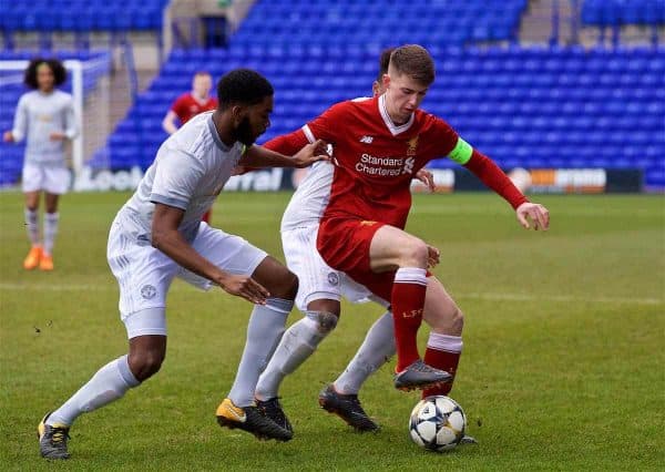 BIRKENHEAD, ENGLAND - Wednesday, February 21, 2018: Liverpool's captain Ben Woodburn during the UEFA Youth League Quarter-Final match between Liverpool FC and Manchester United FC at Prenton Park. (Pic by David Rawcliffe/Propaganda)