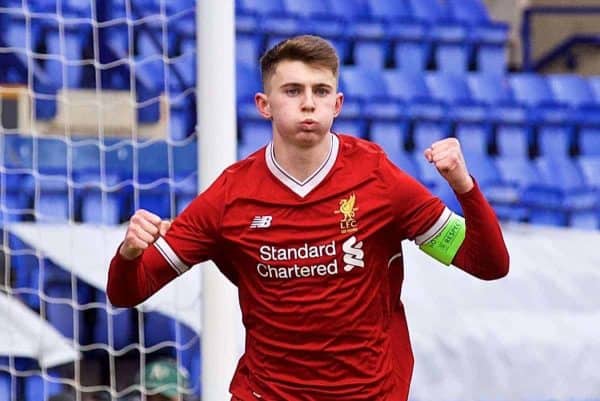 BIRKENHEAD, ENGLAND - Wednesday, February 21, 2018: Liverpool's captain Ben Woodburn celebrates scoring the first goal during the UEFA Youth League Quarter-Final match between Liverpool FC and Manchester United FC at Prenton Park. (Pic by David Rawcliffe/Propaganda)