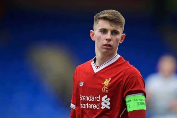 BIRKENHEAD, ENGLAND - Wednesday, February 21, 2018: Liverpool's captain Ben Woodburn during the UEFA Youth League Quarter-Final match between Liverpool FC and Manchester United FC at Prenton Park. (Pic by David Rawcliffe/Propaganda)