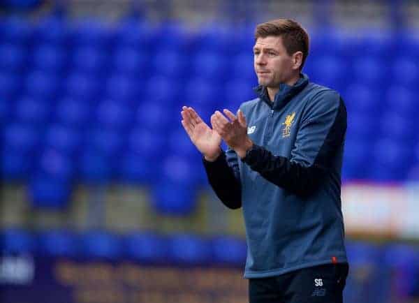 BIRKENHEAD, ENGLAND - Wednesday, February 21, 2018: Liverpool's Under-18 manager Steven Gerrard during the UEFA Youth League Quarter-Final match between Liverpool FC and Manchester United FC at Prenton Park. (Pic by David Rawcliffe/Propaganda)